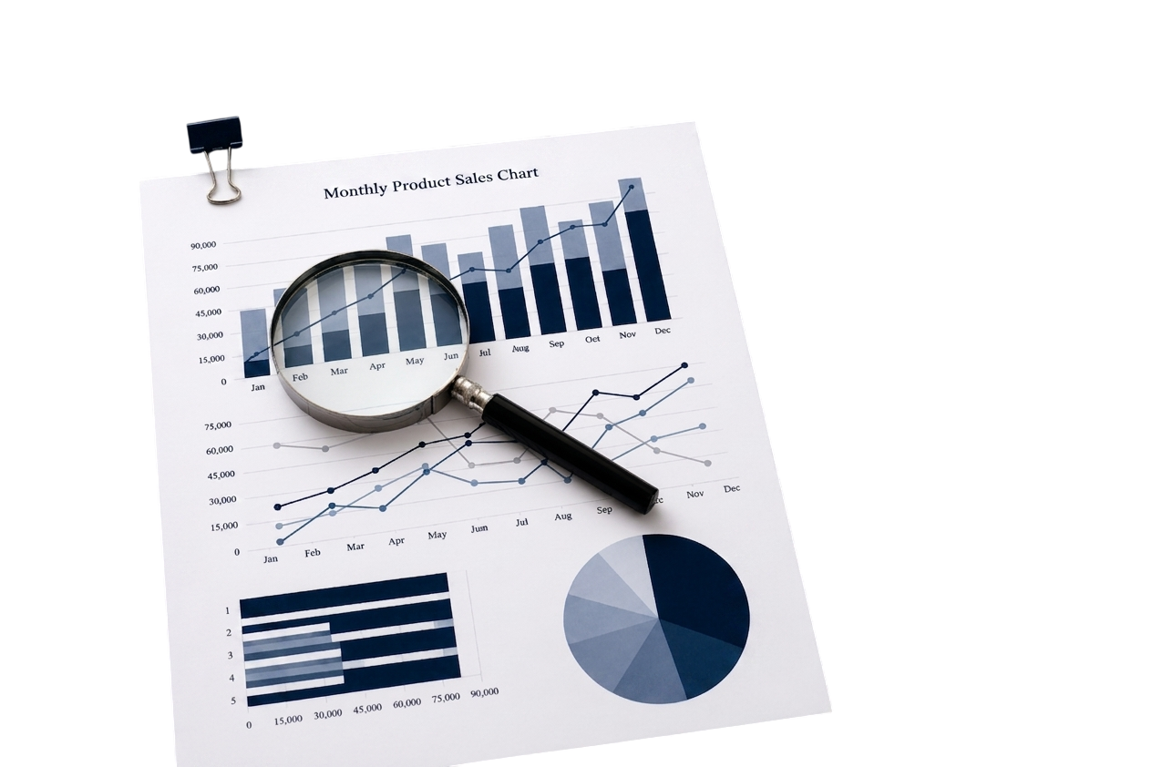 Sales report with magnifying glass